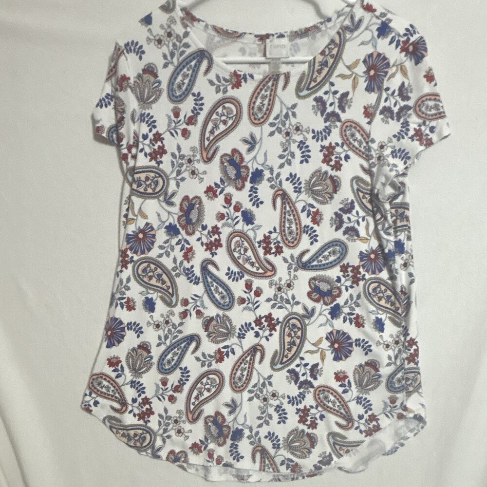 CUPIO Women's Top XL White Paisley Print Round Neck Short Sleeve Pullover - Picture 2 of 7